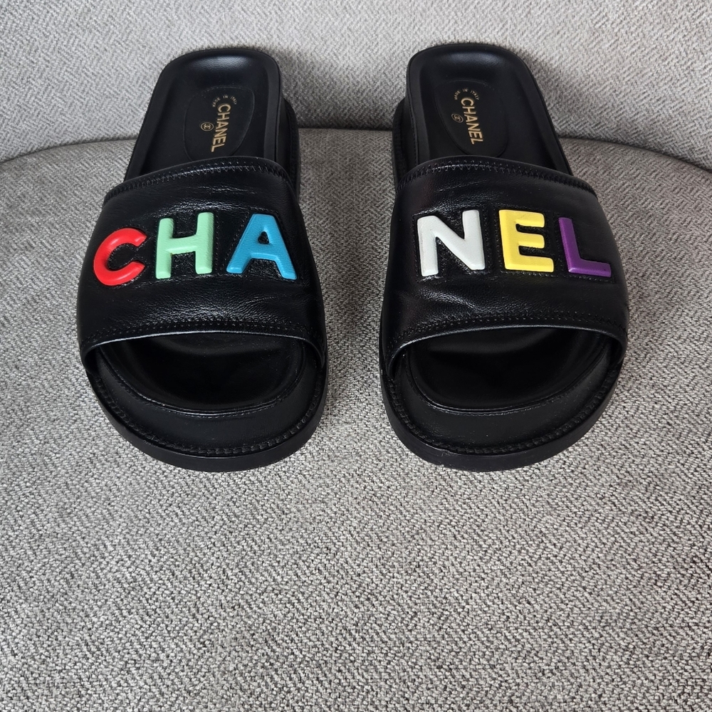 CHANEL Black Slides with Colorful Letters